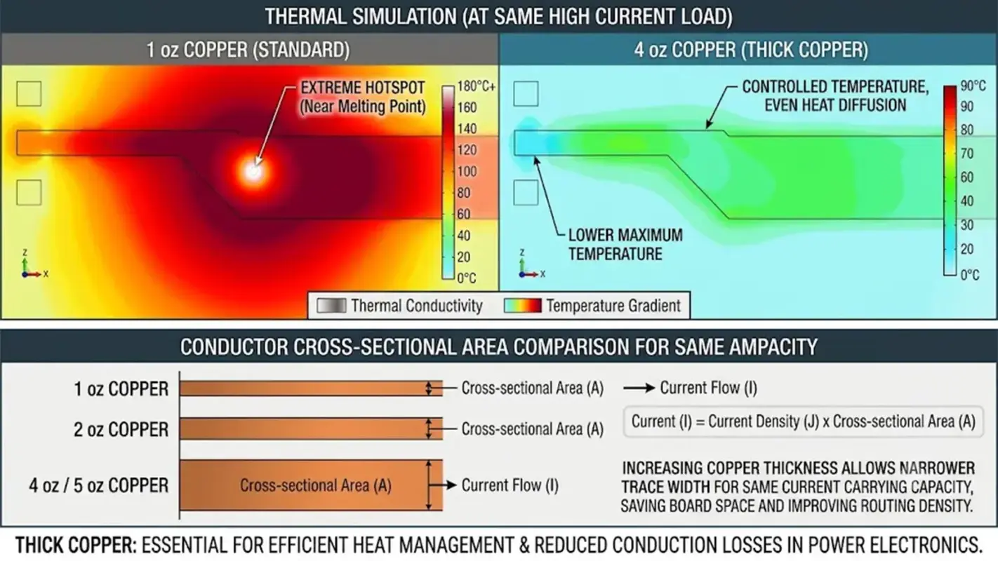 A technical diagram comparing standard 1 oz copper and thick 4 oz copper PCBs under the same high-current load. The upper section shows a thermal simulation where the 1 oz copper trace experiences an extreme hotspot exceeding 180 degrees Celsius near its melting point, while the 4 oz copper trace maintains a controlled temperature between 80 to 90 degrees Celsius with even heat diffusion. The lower section presents a conductor cross-sectional area comparison matrix, demonstrating that increasing copper thickness allows a narrower trace width for the same current-carrying capacity, thereby saving board space and improving routing density in power electronics.