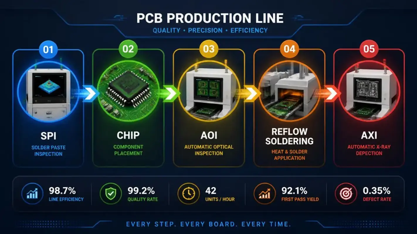 A colorful visual PCB production line dashboard and flowchart illustrating the 5 key manufacturing stages: Solder Paste Inspection (SPI), Component Placement (CHIP), Automatic Optical Inspection (AOI), Reflow Soldering, and Automated X-Ray Inspection (AXI) with live manufacturing efficiency metrics.