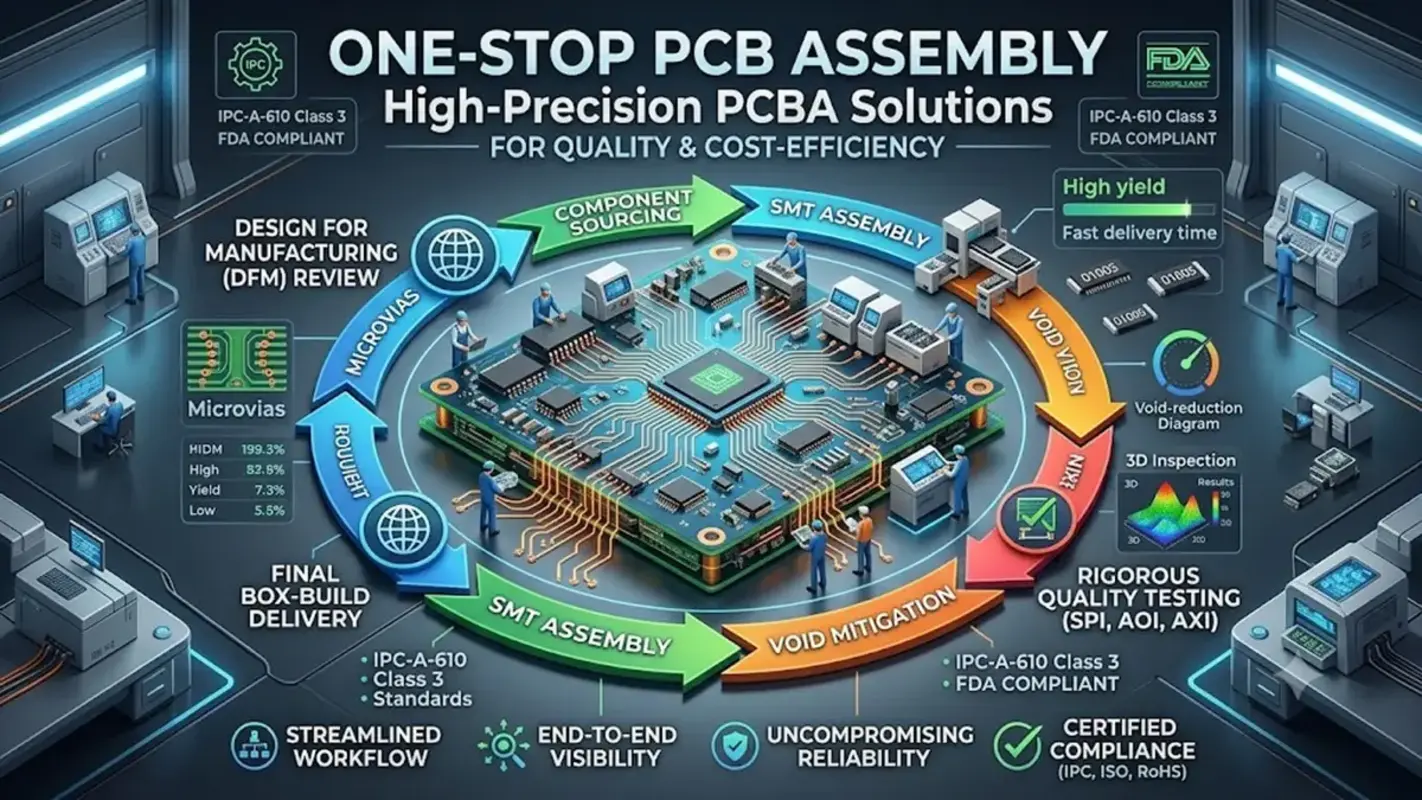 Infographic banner titled One-Stop PCB Assembly: The Comprehensive Solution, showcasing 4 key module